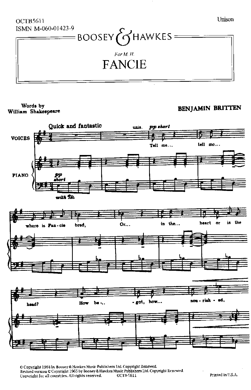 Britten: Fancie (Unison) published by Boosey & Hawkes