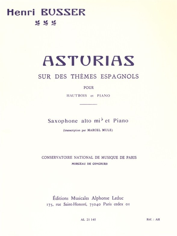 Busser: Asturias Opus 84 for Alto Sax published by Leduc