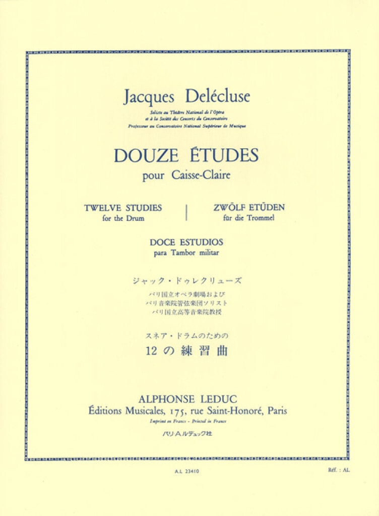 Delecluse: 12 Etudes pour Caisse-Claire for Drums published by Leduc
