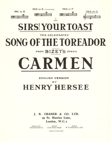 Bizet: Song Of The Toreador in G published by Cramer