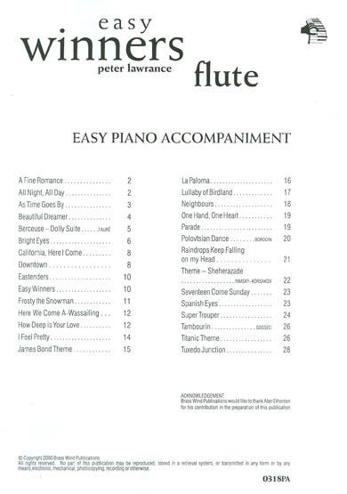 Easy Winners Piano Accompaniment for Flute published by Brasswind