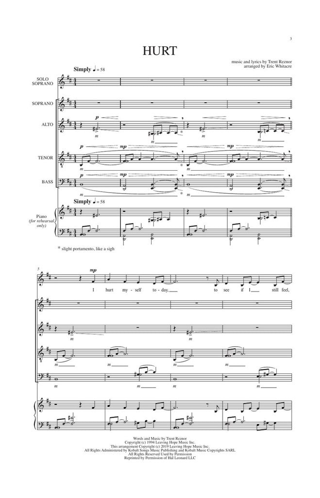 Reznor: Hurt SATB published by Shadow Water
