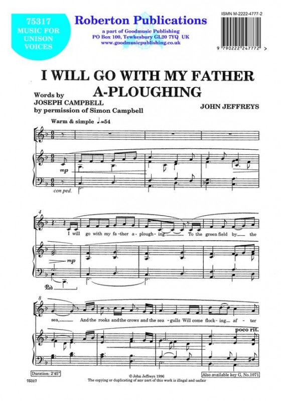 Jeffreys: I Will Go With My Father a Ploughing in F published by Roberton