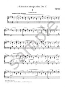 Faure: Romance Sans Paroles Opus 17 for Piano published by Peters