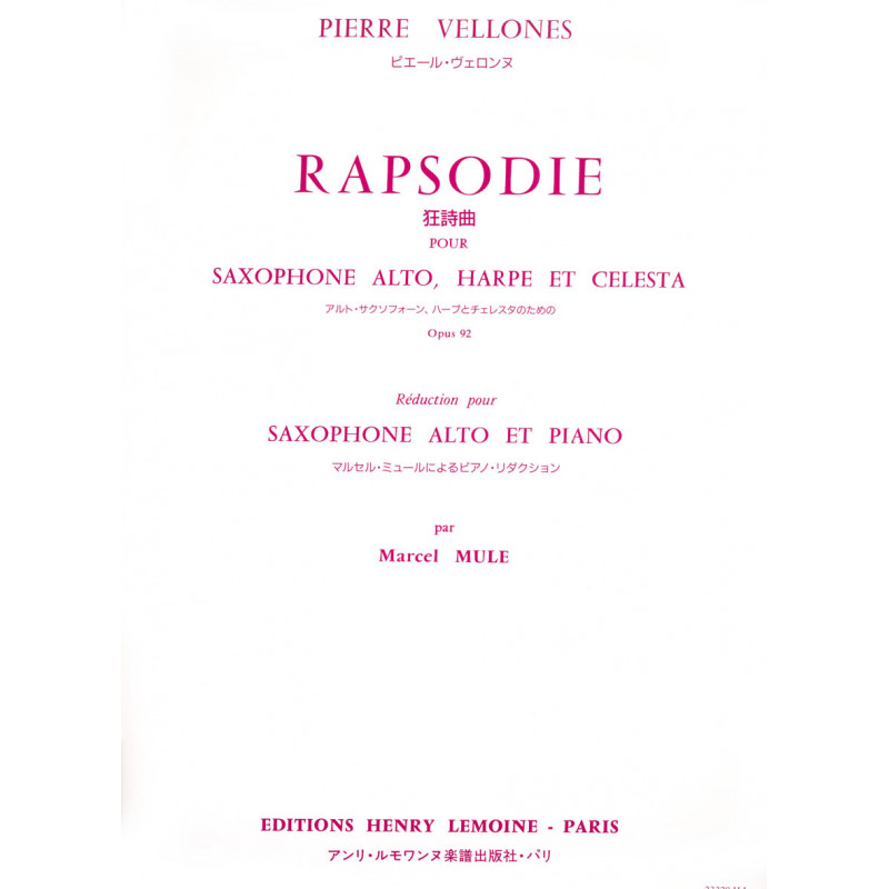 Vellones: Rhapsodie Opus 92 for Alto Saxophone published by Lemoine