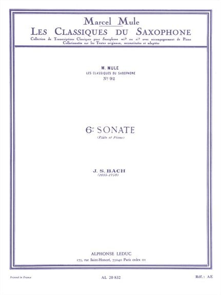 Bach: Sonata No 6 for Flute arr. for Alto Saxophone published by Leduc