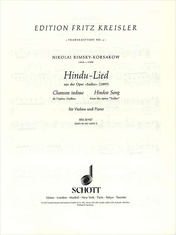 Rimsky-Korsakov: Hindu-Lied for Violin published by Schott