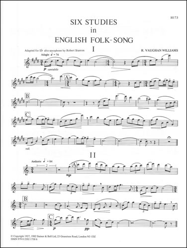 Vaughan-Williams: 6 Studies in English Folksong for Alto Saxophone published by Stainer and Bell