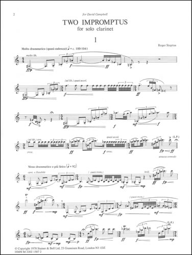Steptoe: Two Impromptus for Solo Clarinet published by Stainer and Bell