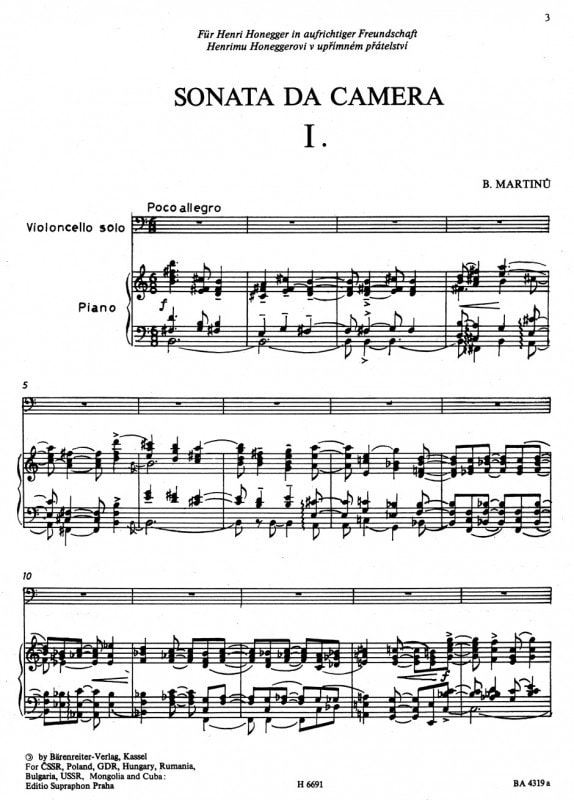 Martinu: Sonata da camera (1940) for Cello published by Barenreiter