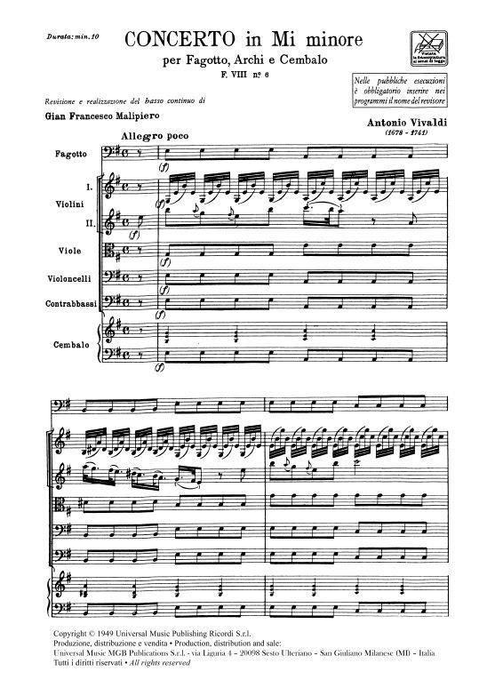 Vivaldi: Concerto in E minor RV484 - F.VIII/6 for Bassoon (Study Score) published by Ricordi