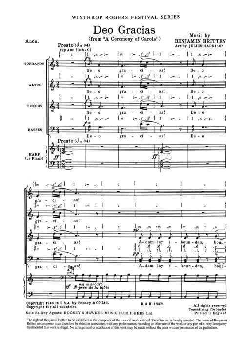 Britten: Deo Gracias (Ceremony of Carols) SATB published by Boosey & Hawkes