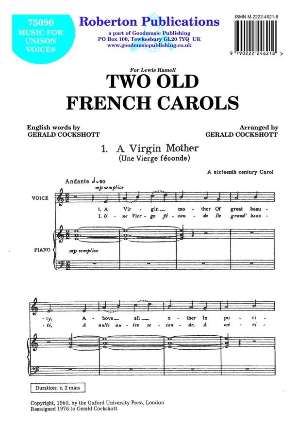 Cockshott: Two Old French Carols (Unison) published by Roberton