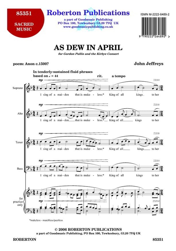 Jeffreys: As Dew In April SATB published by Roberton
