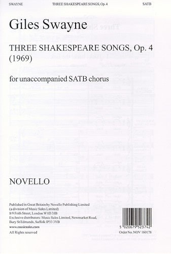 Swayne: Three Shakespeare Songs Op.4 SATB published by Novello