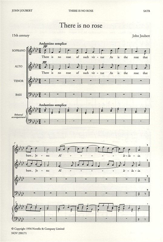 Joubert: There Is No Rose Of Such Virtue SATB published by Novello