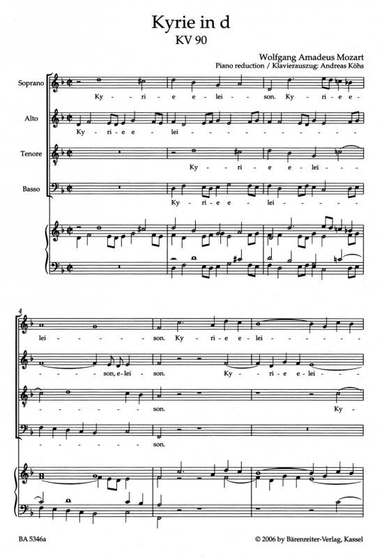 Mozart: Kyrie in D minor (K90) SATB published by Barenreiter