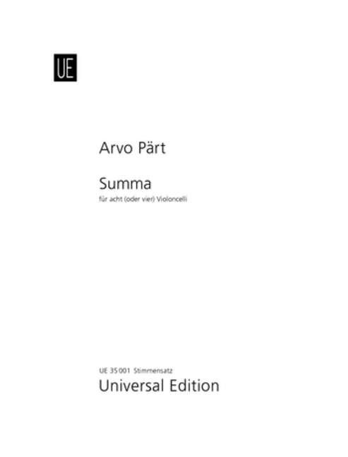 Arvo Part: Summa for 8 or 4 Cellos published by Universal Edition - Set of Parts