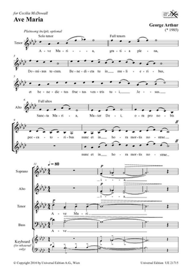 Arthur: Ave Maria for SATB published by Universal Edition