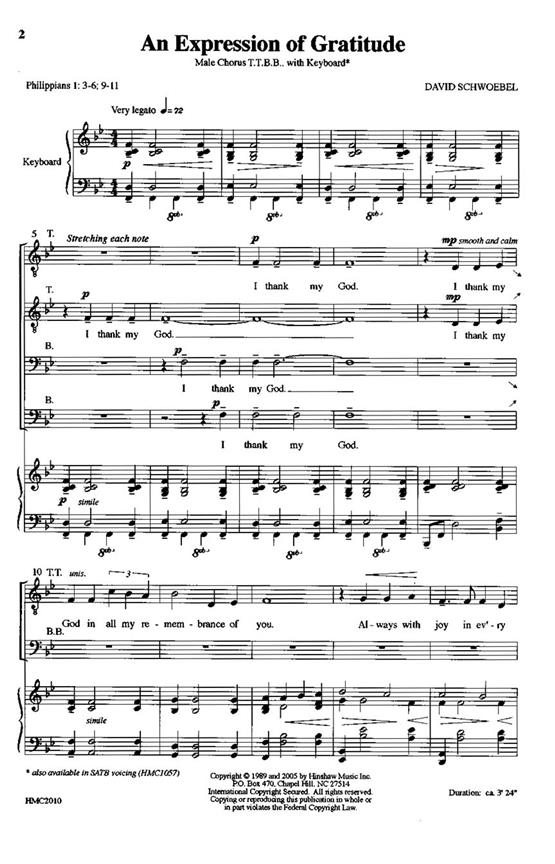 Schwoebel: An Expression Of Gratitude TTBB published by Hinshaw Music