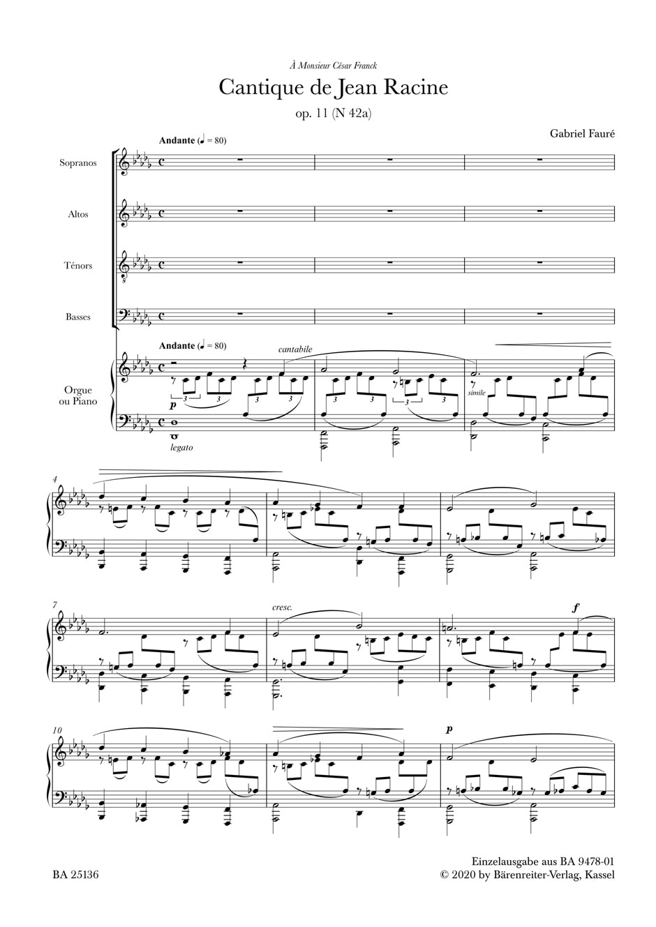 Faure: Cantique de Jean Racine published by Barenreiter - Vocal Score