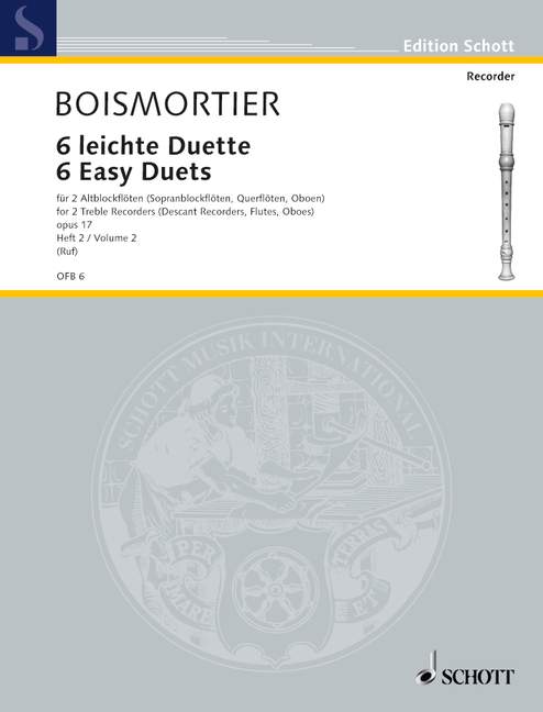 Boismortier: Six Easy Duets Vol 2 for two treble recorders published by Schott