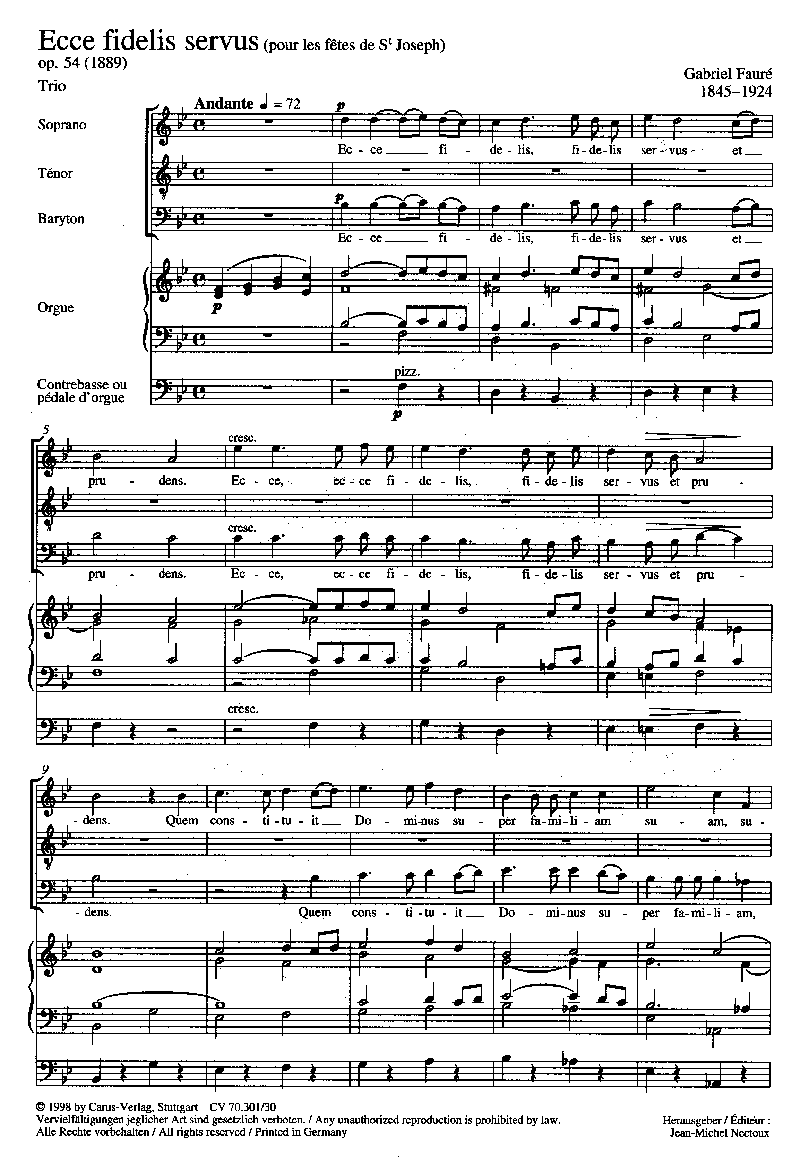 Fauré: Ecce fidelis servus STB & Organ published by Carus